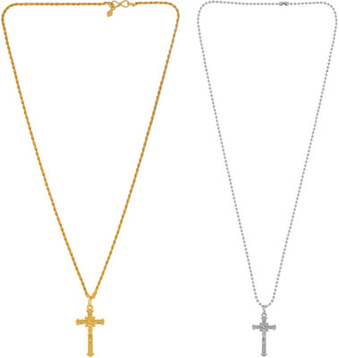 BRBRIK Gold Silver Covered Brass, Christian Criss Cross Jesus, Combo Jewellery, Pendant Chain Necklace for Men and Women Gold-plated Brass Pendant