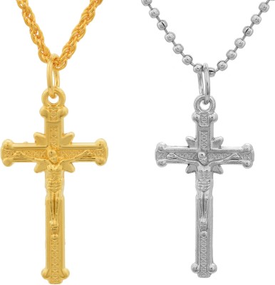 RN Gold Silver Covered Brass, Christian Criss Cross Jesus, Combo Jewellery, Pendant Chain Necklace for Men and Women Gold-plated Brass Pendant