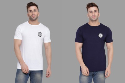 Money Leaf Solid Men Round Neck Dark Blue, White T-Shirt