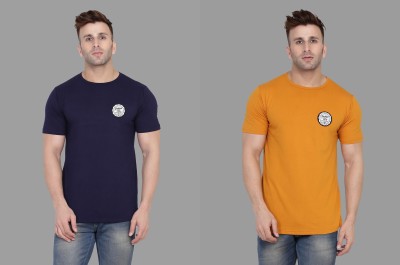 BEYOU FASHION Solid Men Round Neck Dark Blue, Orange T-Shirt