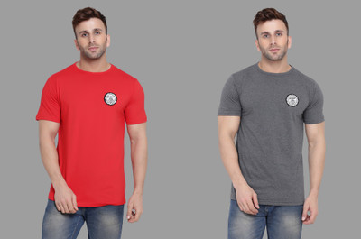 GEUM Solid Men Round Neck Red, Grey T-Shirt