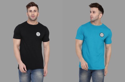 Blisstone Solid Men Round Neck Light Blue, Black T-Shirt