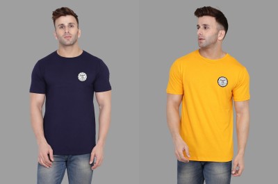 Blisstone Solid Men Round Neck Dark Blue, Yellow T-Shirt