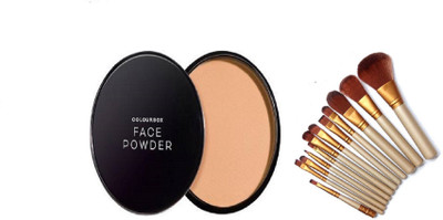 Miss Hot Focus Pressed Powder - Compact With Makeup Brush Set - /set | Professional Powder Foundation | Eye Shadow Golden Brush Set (Pack of 12)(13 Items in the set)