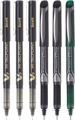 PILOT V7/V7 Grip (Black/Green - Set of 6) Roller Ball Pen(Pack of 6, Ink Color - Multicolor)