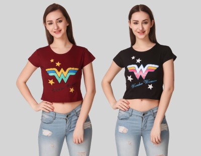 M & J Casual Short Sleeve Printed Women Maroon, Black Top