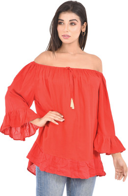Vrnda Casual 3/4 Sleeve Solid Women Red Top