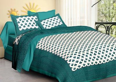 Himaja 140 TC Cotton Double Jaipuri Prints Flat Bedsheet(Pack of 1, Green)