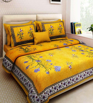 Himaja Cotton Double Flat 180 TC Printed Bedsheet(Pack of 1, Yellow)