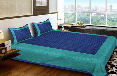 Globivo 140 TC Cotton King, Queen, Double Jaipuri Prints Flat Bedsheet(Pack of 1, Blue)
