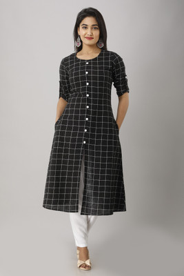 Mahageeta Women Checkered Frontslit Kurta(Black)