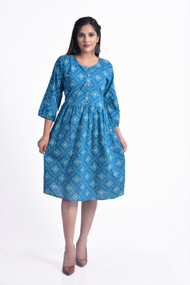 ANTARMANA Women Printed Flared Kurta(Blue)