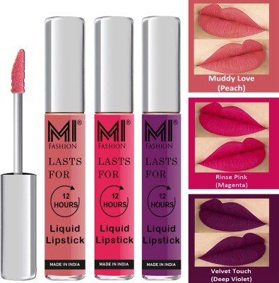 MI FASHION Matte Liquid Lipstick Combo Set Made in India Long Lasting Cruelty Free Code no 1368(Peach,Pink,Violet, 9 ml)