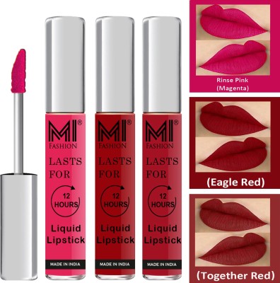 MI FASHION Water Proof Long Lasting Matte Liquid Lipstick Combo Set Code no 1742(Pink,Red,Red, 9 ml)