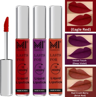 MI FASHION Go Local Go Vocal Matte Liquid Lipstick Combo Set Made in India Long Lasting Cruelty Free Code no 673(Red,Violet,Brick Red, 9 ml)