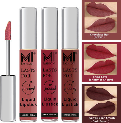 MI FASHION Matte Liquid Lipstick Combo Set Made in India Long Lasting Cruelty Free Code no 1353(Dark Brown,Cherry Red,Coffee, 9 ml)