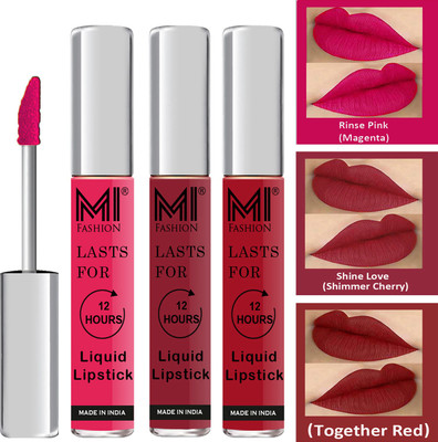 MI FASHION Fuller Lips Single Stroke Application Liquid Matte Lipstick Set Code no 380(Pink,Cherry Red,Red, 9 ml)