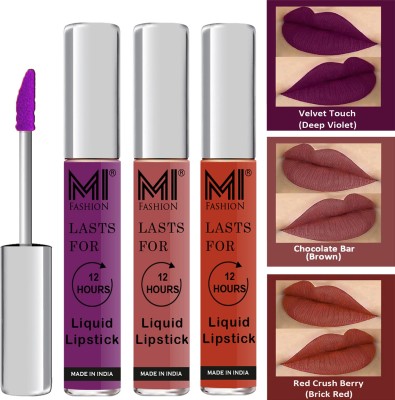 MI FASHION Fuller Lips Single Stroke Application Liquid Matte Lipstick Set Code no 436(Violet,Dark Brown,Brick Red, 9 ml)