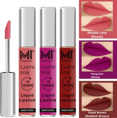 MI FASHION Fuller Lips Single Stroke Application Liquid Matte Lipstick Set Code no 375(Peach,Wine,Reddish Brown, 9 ml)