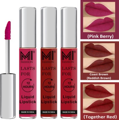MI FASHION Water Proof Long Lasting Matte Liquid Lipstick Combo Set Code no 1744(Pink,Reddish Brown,Red, 9 ml)