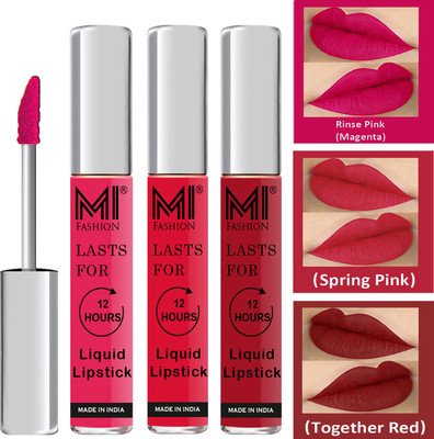 MI FASHION Fuller Lips Single Stroke Application Liquid Matte Lipstick Set Code no 389(Pink,Pink,Red, 9 ml)