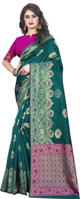 Om Shantam sarees Woven Bollywood Silk Blend, Art Silk Saree(Dark Green, Gold)