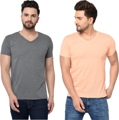 Jaskart Solid Men V Neck Orange, Grey T-Shirt