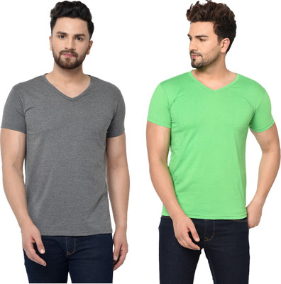 Jaskart Solid Men V Neck Grey, Light Green T-Shirt