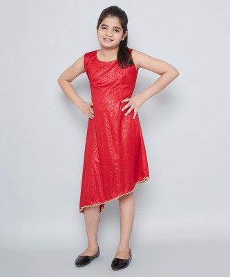 TINY TOON Girls Midi/Knee Length Casual Dress(Red, Sleeveless)