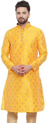 Over Crowd Men Printed Straight Kurta(Yellow)
