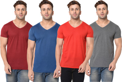 Jangoboy Solid Men V Neck Multicolor T-Shirt
