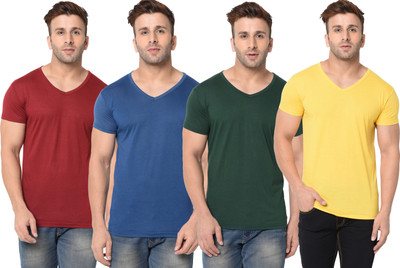 Jangoboy Solid Men V Neck Multicolor T-Shirt
