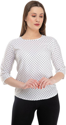 3SIX5 Casual 3/4 Sleeve Polka Print Women White Top