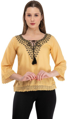KARTX Casual 3/4 Sleeve Embroidered Women Beige Top