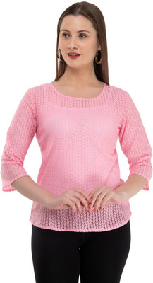 3SIX5 Casual 3/4 Sleeve Self Design Women Pink Top
