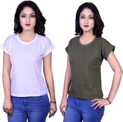 Kanchan World Solid Women Round Neck Multicolor T-Shirt