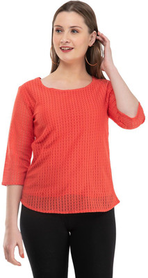 3SIX5 Casual 3/4 Sleeve Self Design Women Red Top