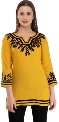 3SIX5 Casual 3/4 Sleeve Embroidered Women Black, Yellow Top