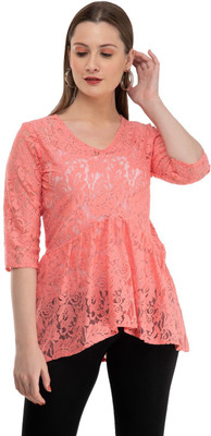 3SIX5 Casual 3/4 Sleeve Self Design Women Pink Top