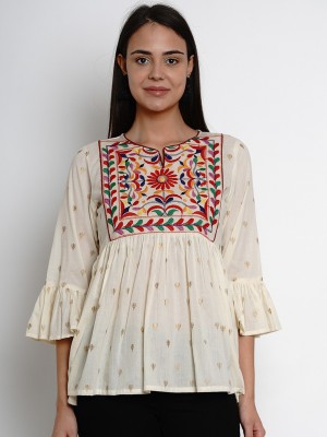 Bhama COUTURE Casual Bell Sleeve Embroidered Women White Top