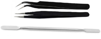 wroughton Set of 2 ESD Non Magnetic Tweezer- Straight and Curved Tip Use for Dental/Mobile/Gadget/Laptop and Jewellery Repair With 1 Steel Opener Repair Tool Kit