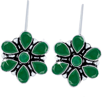 Divastri Silver Oxidized Stylish Floral charm Studded Stone Drops Brass Drops & Danglers