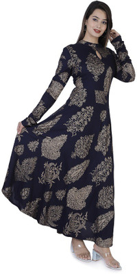 zakiya Women Block Print Anarkali Kurta(Dark Blue)