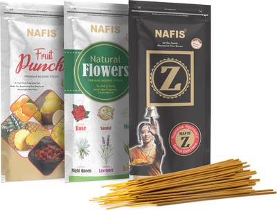 Nafis Fruit Punch, Natural Flower & Special Flavour Incense Stick, 100 agarbatti in each packet, Pack of 3 (120 G X 3 packets), Fragrance - Rose, Sandal, Mogra, Night Queen, Lavender, Kewda, Lemon, Strawberry, Pineapple, Mango | Hand Rolled Agarbatti Fine Quality Incense Sticks for Purification, Relaxation, Positivity, Yoga, Meditation Fruit Punch, Natural Flower, Supreme Z