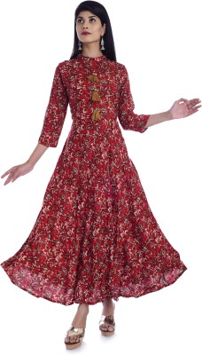 AMSARO FASHION Women Floral Print A-line Kurta(Red)