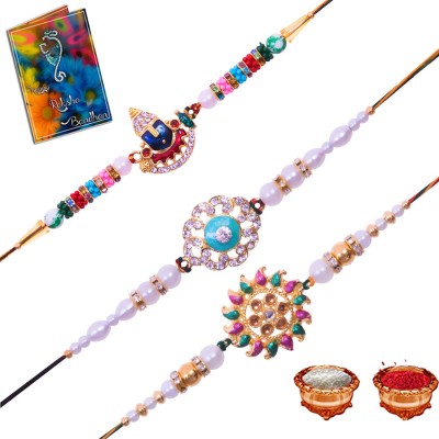 Earnam Designer RD-RE-SO Gold Finish Chawal Roli Pack, Rakhi, Greeting Card  Set(3 Rakhi, 1 Roli Chawal, 1 Card,)