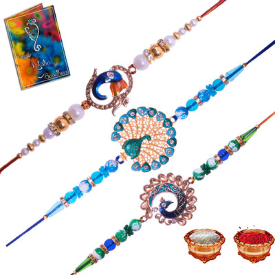 NAWEMA Designer SV-SY-UT Mauli Thread Rakhi  Set(3 Rakhi Set With 1 Rolichawal, 1 Card)