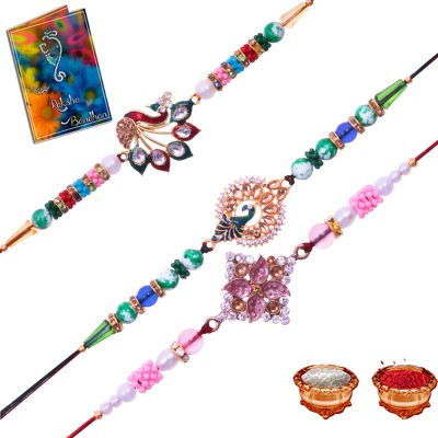 Earnam Designer RK-RL-SJ Gold Finish Chawal Roli Pack, Rakhi, Greeting Card  Set(3 Rakhi, 1Roli Chawal, 1Card)