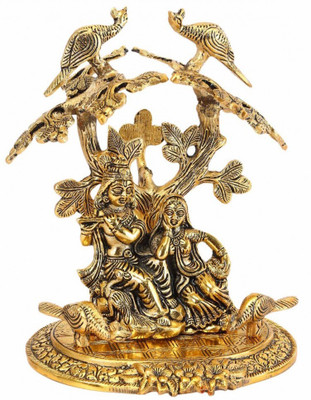 KridayKraft Radha Krishna Sitting Under Tree with Flute gold plated for Home Decor Showpiece Gifts Idols Decorative Showpiece  -  17 cm(Aluminium, Gold)