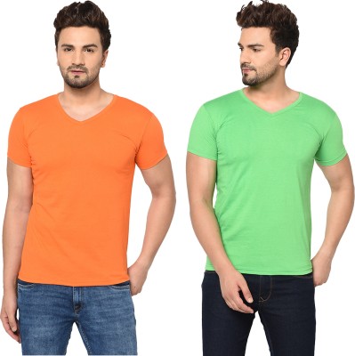 Jangoboy Solid Men V Neck Orange, Light Green T-Shirt